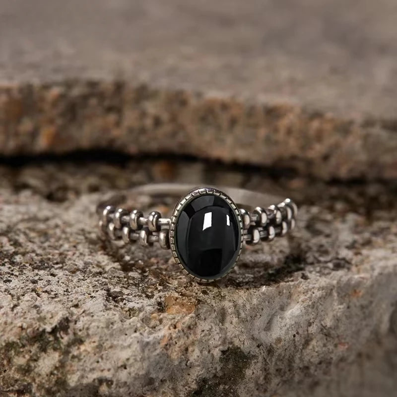 S925 Sterling Silver Gear Chain Ring with Black Onyx – Vintage Punk Style Unisex Jewelry Gift for Men & Women