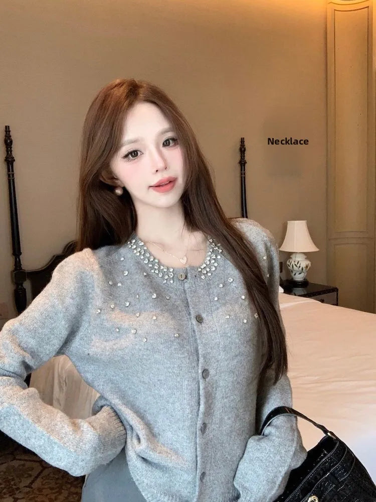 Heavy-Embroidered Diamond Women’s Sweater Cardigan – Soft Cozy Round Neck High-End Outerwear