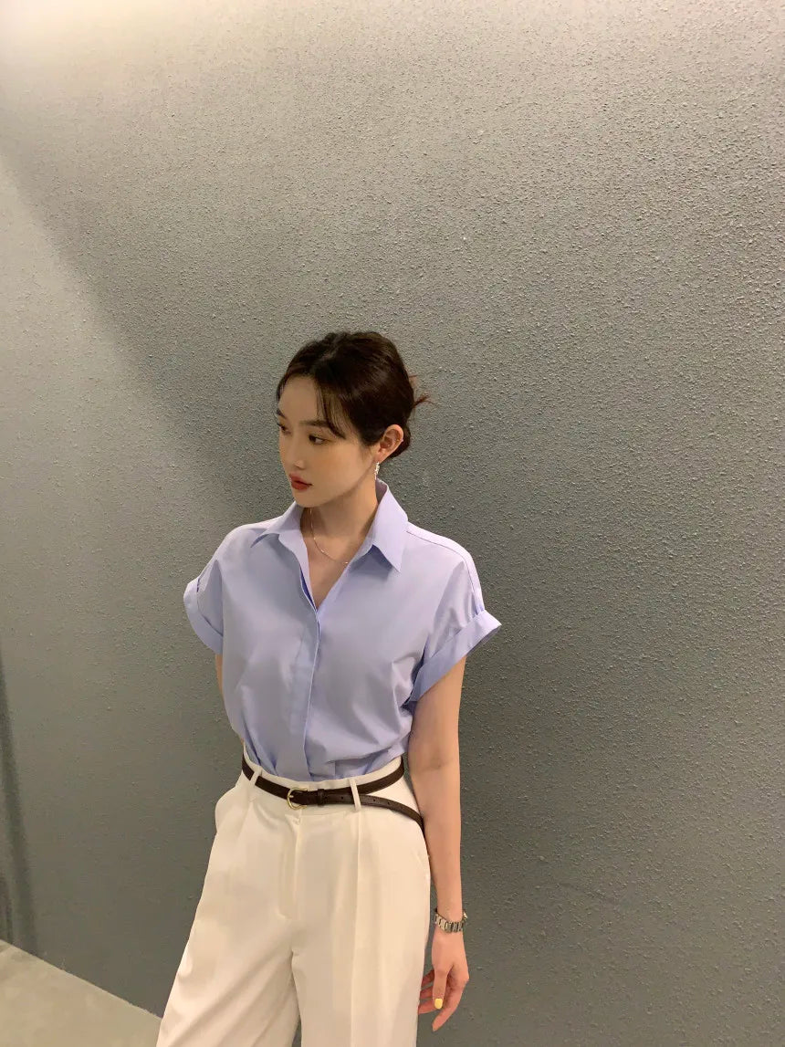 Chic Summer Loose Women’s Shirt | Classic Pure Color Professional Blouse with Small Lapel Collar