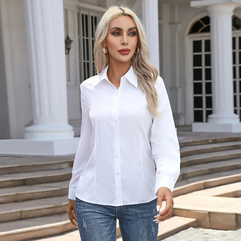 Women’s Solid Color Long Sleeve Shirt – Spring Autumn Casual Turn-Down Collar Loose Top