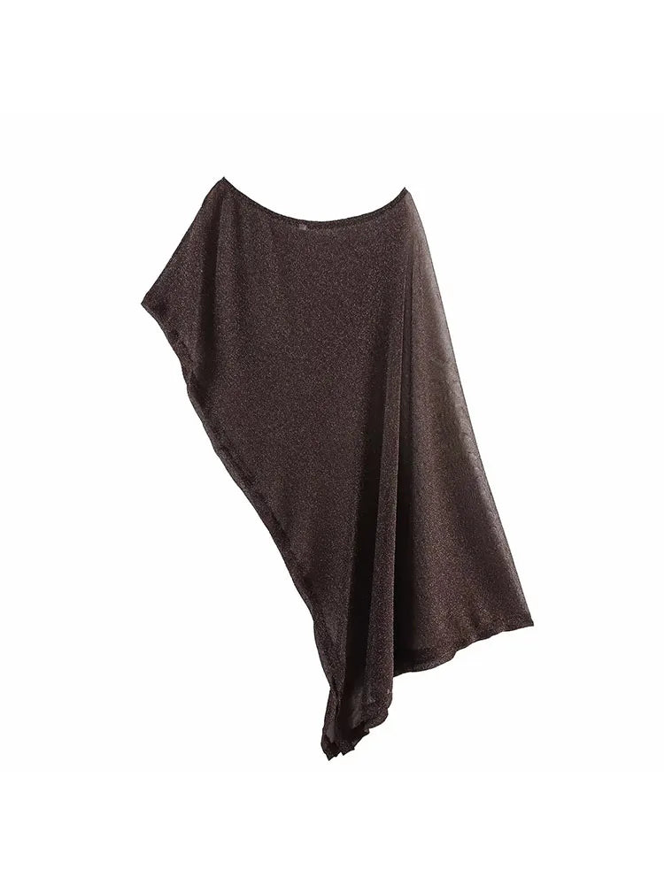 Vintage Brown Women’s Outfit – Asymmetrical Cold Shoulder Top & Wide Leg Shawl Pants 2025 Autumn Set 🍂✨