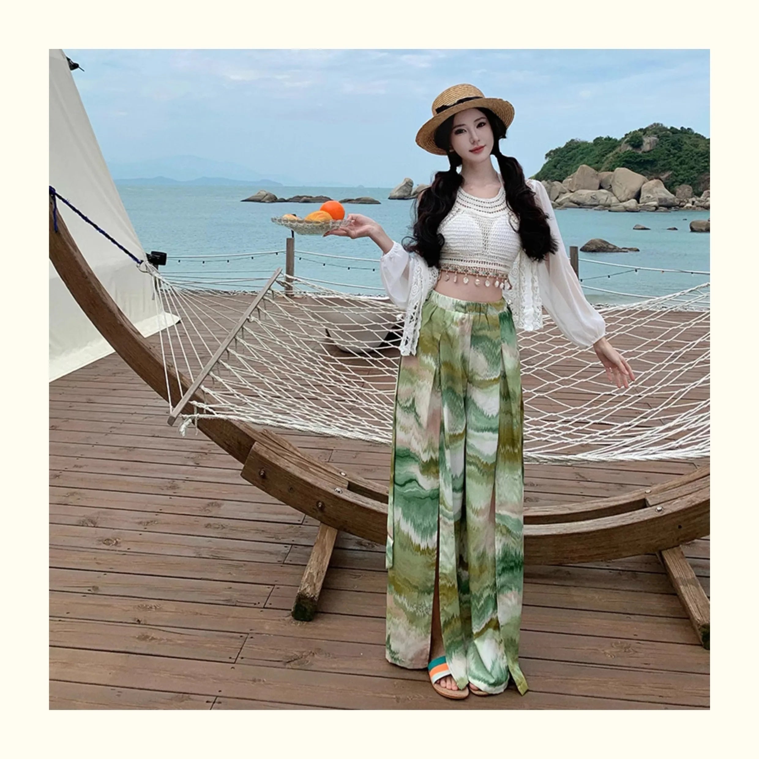 Vacation Style High Waist Wide Leg Pants – Thin Long Ethnic Print Pants for Beach & Holiday Wear