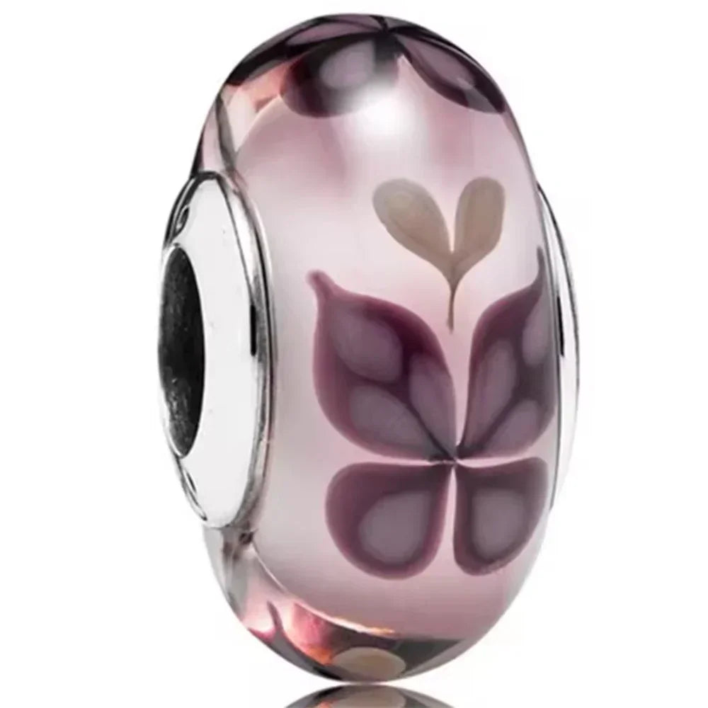 2025 Classic 925 Sterling Silver Colored Flower & Leaf Murano Glass Charm Beads | DIY Bracelet