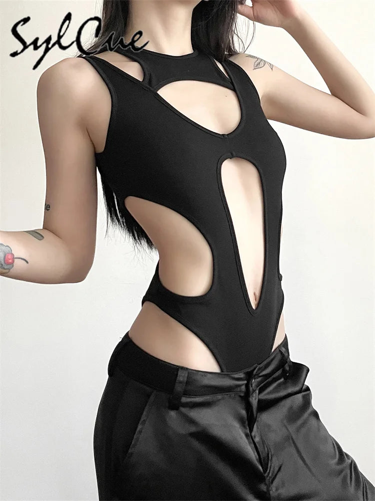 Sylcue Black Sexy Nightclub Jumpsuit – Hollow All-Match Trendy Women’s Tight Outfit 🌑✨