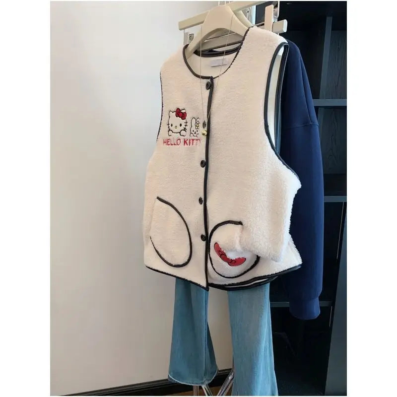 Women’s White Embroidered Cartoon Vest – Trendy Autumn Winter Korean Style Outerwear 🐰❄️