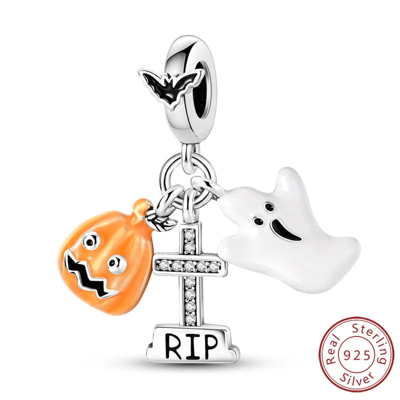 Halloween 925 Sterling Silver Charm Bead – Pumpkin, Witch, Skeleton, Mummy & Candy Pendant for DIY Original Bracele