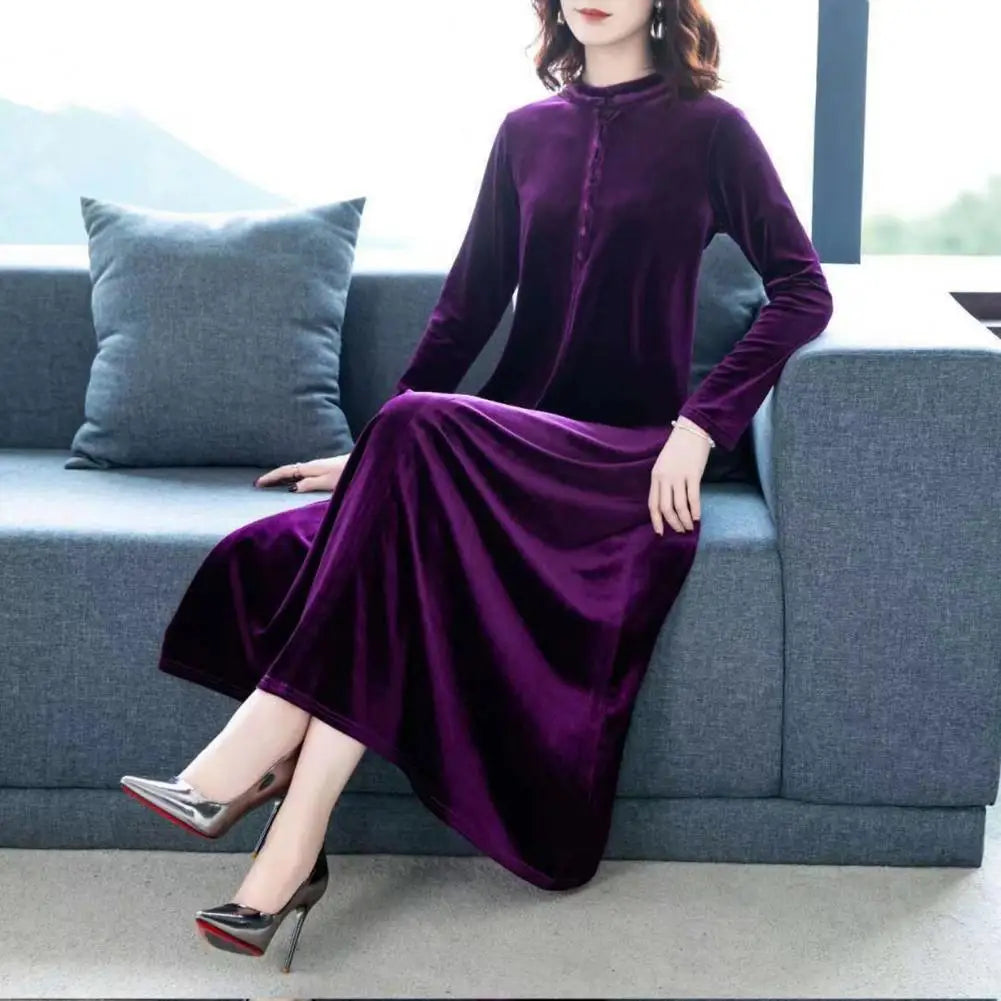 Golden Velvet Hooded Button Dress for Women – 2024 Elegant Plus Size Thermal Warm Spring Autumn Dress | Stylish Mom Dress