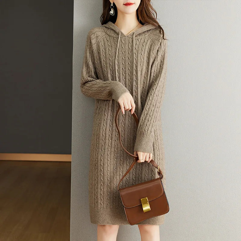 Autumn Winter Women’s Thickened Hooded Sweater Dress – Loose Long Sleeve Knitted Dress for Warm Comfort