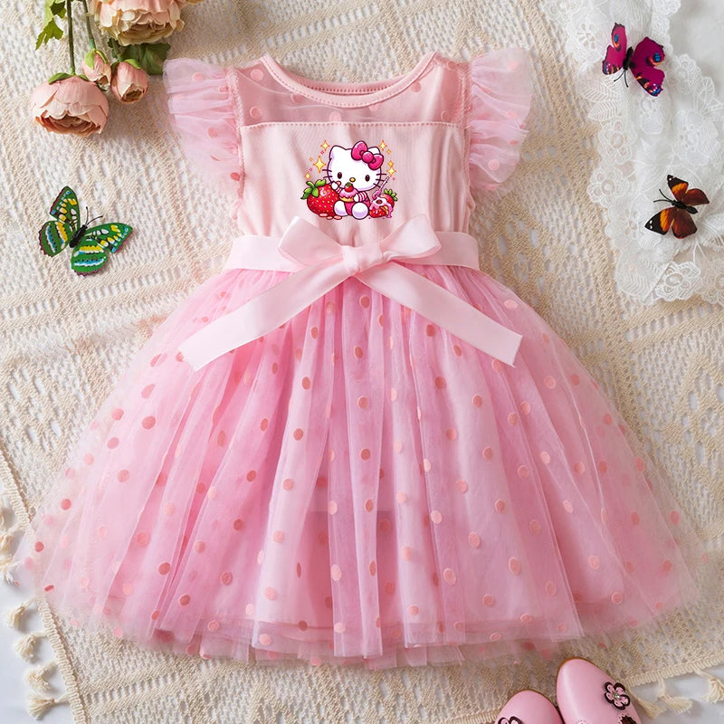 Hello Kitty Summer Kids Girls  Ruffles Sleeves Elegant Princess Mesh Dresses Girls Birthday Party Casual Sweet Dresses 2-6Y