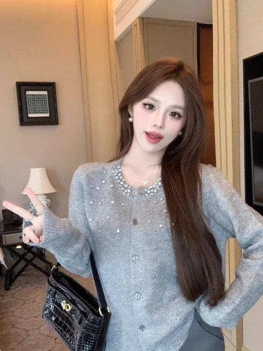 Heavy-Embroidered Diamond Women’s Sweater Cardigan – Soft Cozy Round Neck High-End Outerwear