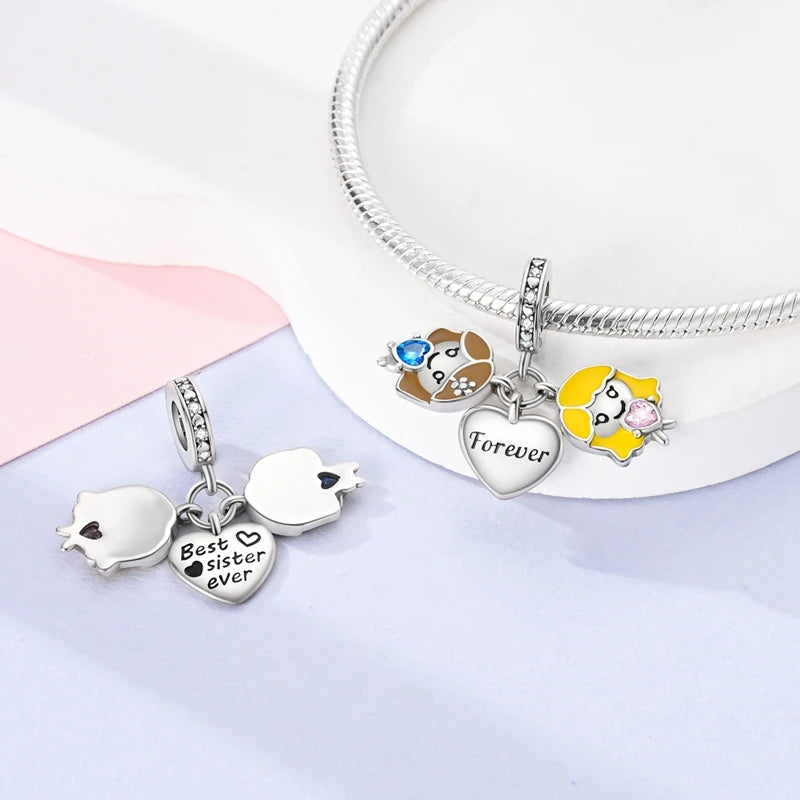 925 Sterling Silver Sweetheart Sister Charm | Fit Original Pandora & 3mm Bracelets DIY Jewelry Gift for Women