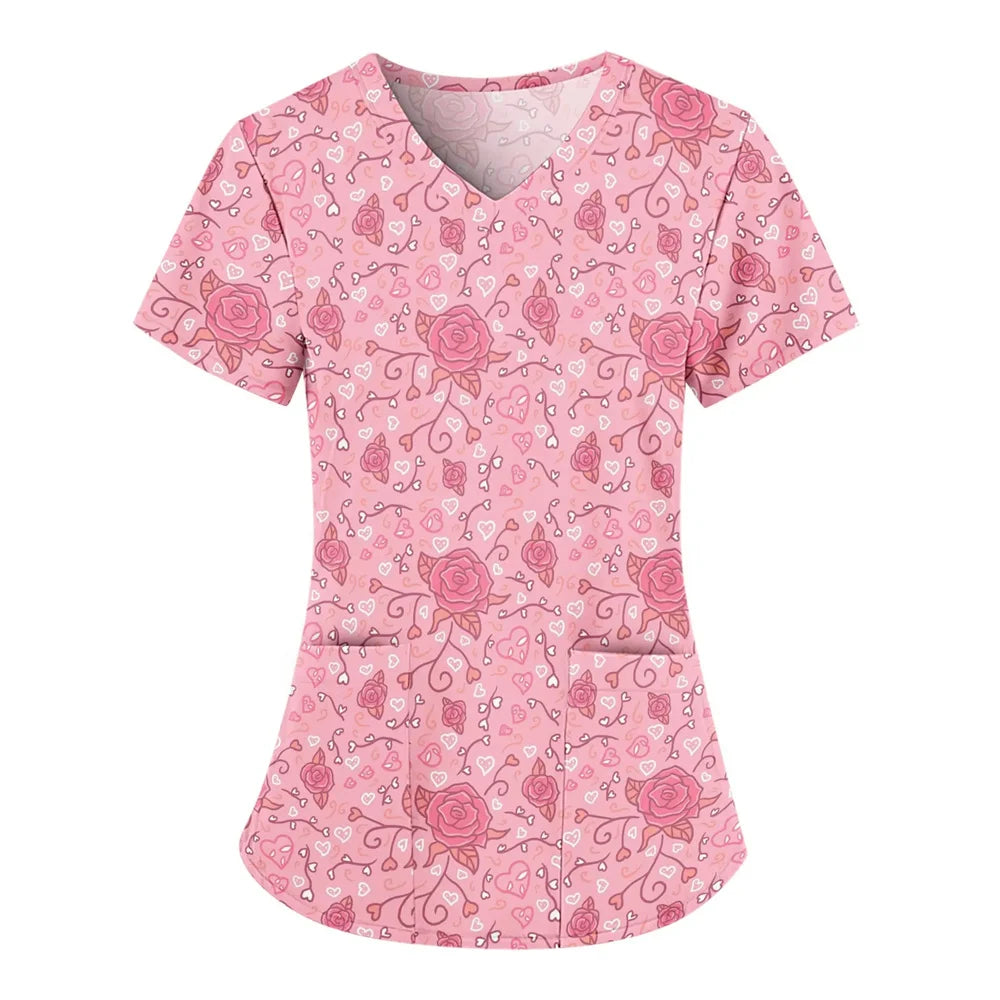 Women’s Heart Print Medical Top ❤️ V-Neck Short Sleeve Nursing Uniform ✨