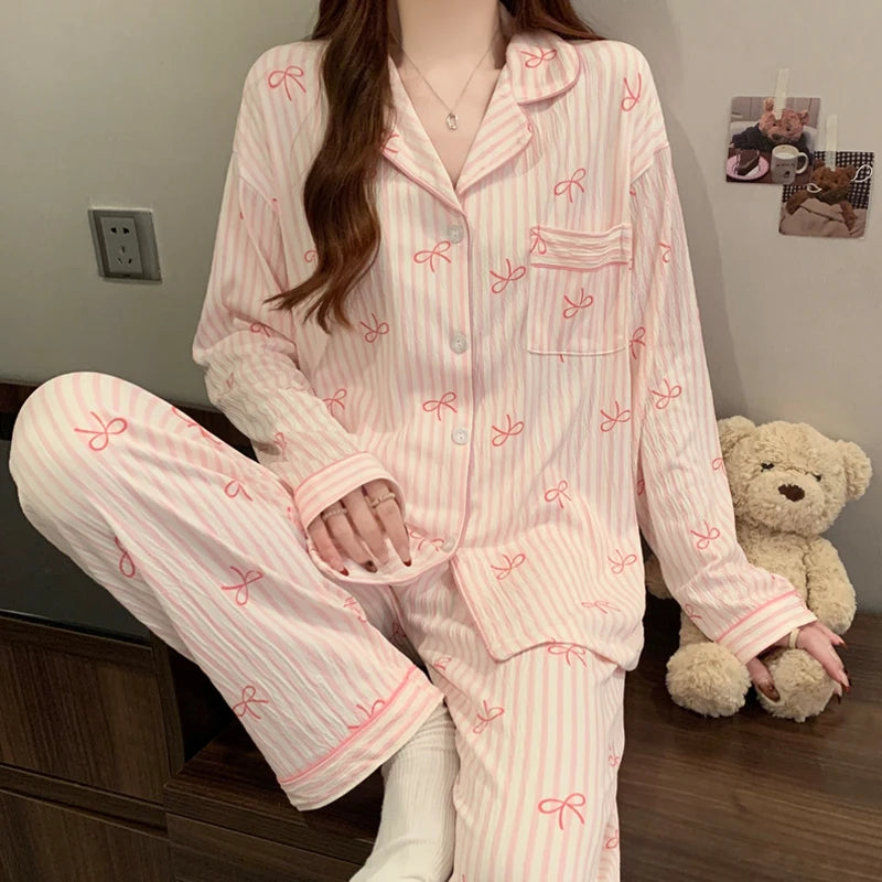 🌸 Pink Bow Pajamas Set for Women 💖 Long Sleeve Top & Elastic Waist Pants 🛌 Harajuku Style Casual Home Wear