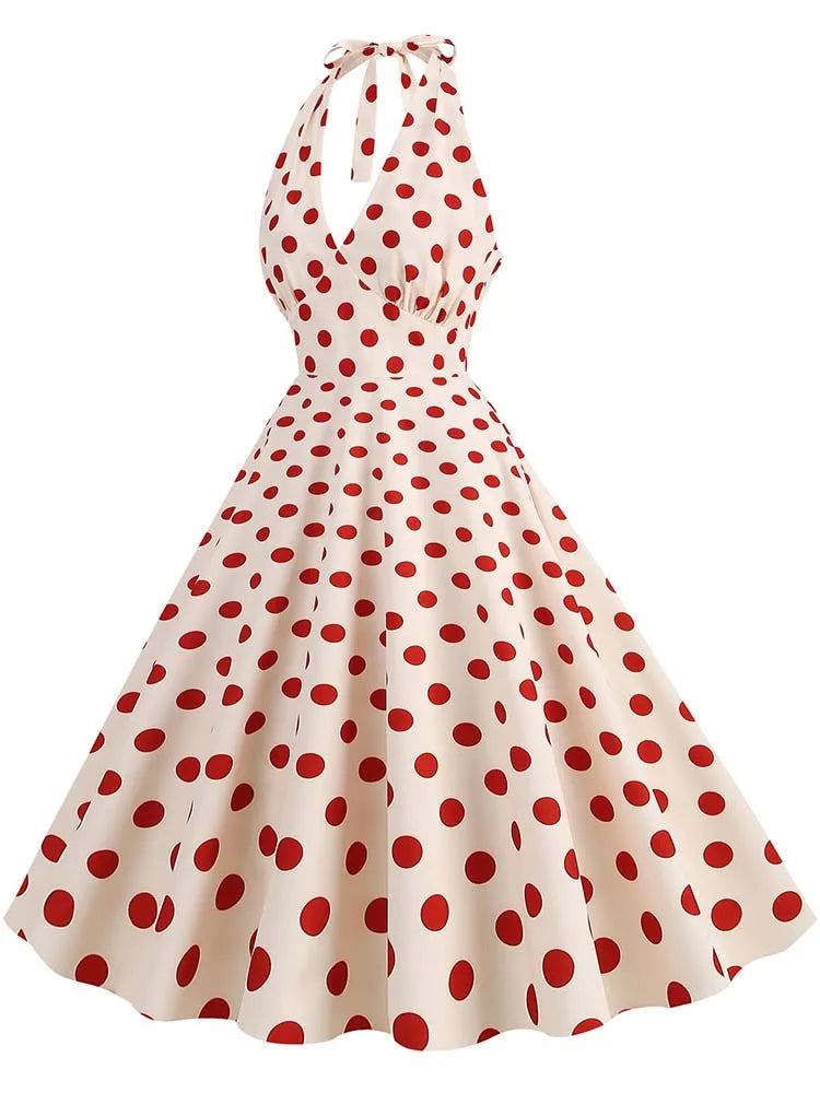 Women’s Vintage Halter Party Dress – Summer Polka Dot Midi Cocktail Prom Elegant Dress