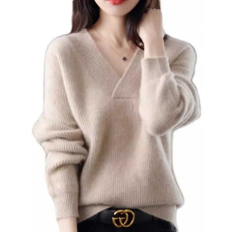 Autumn Winter Women’s V-Neck Knit Sweater – Solid Loose Pullover Soft Warm Casual Top