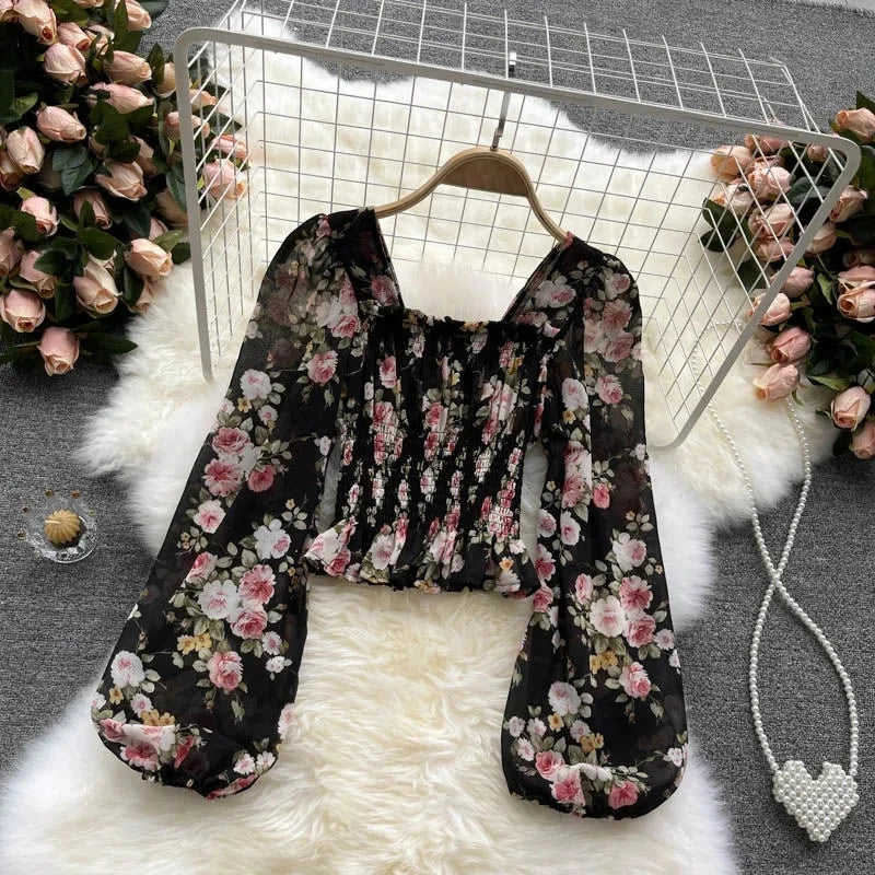 Pink Floral Chiffon Blouse for Women – Square Collar Lantern Sleeve Korean Summer Top 2024 🌸👚