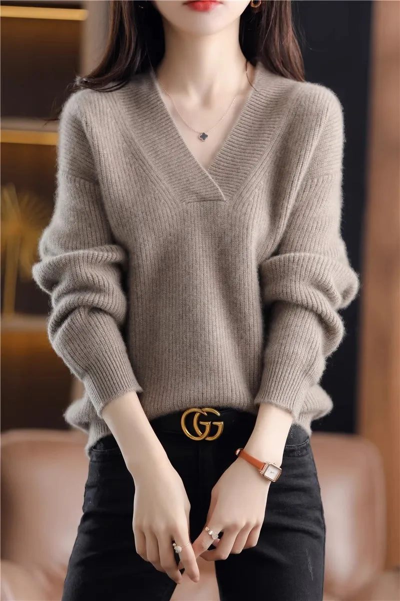 Autumn Winter Women’s V-Neck Knit Sweater – Solid Loose Pullover Soft Warm Casual Top