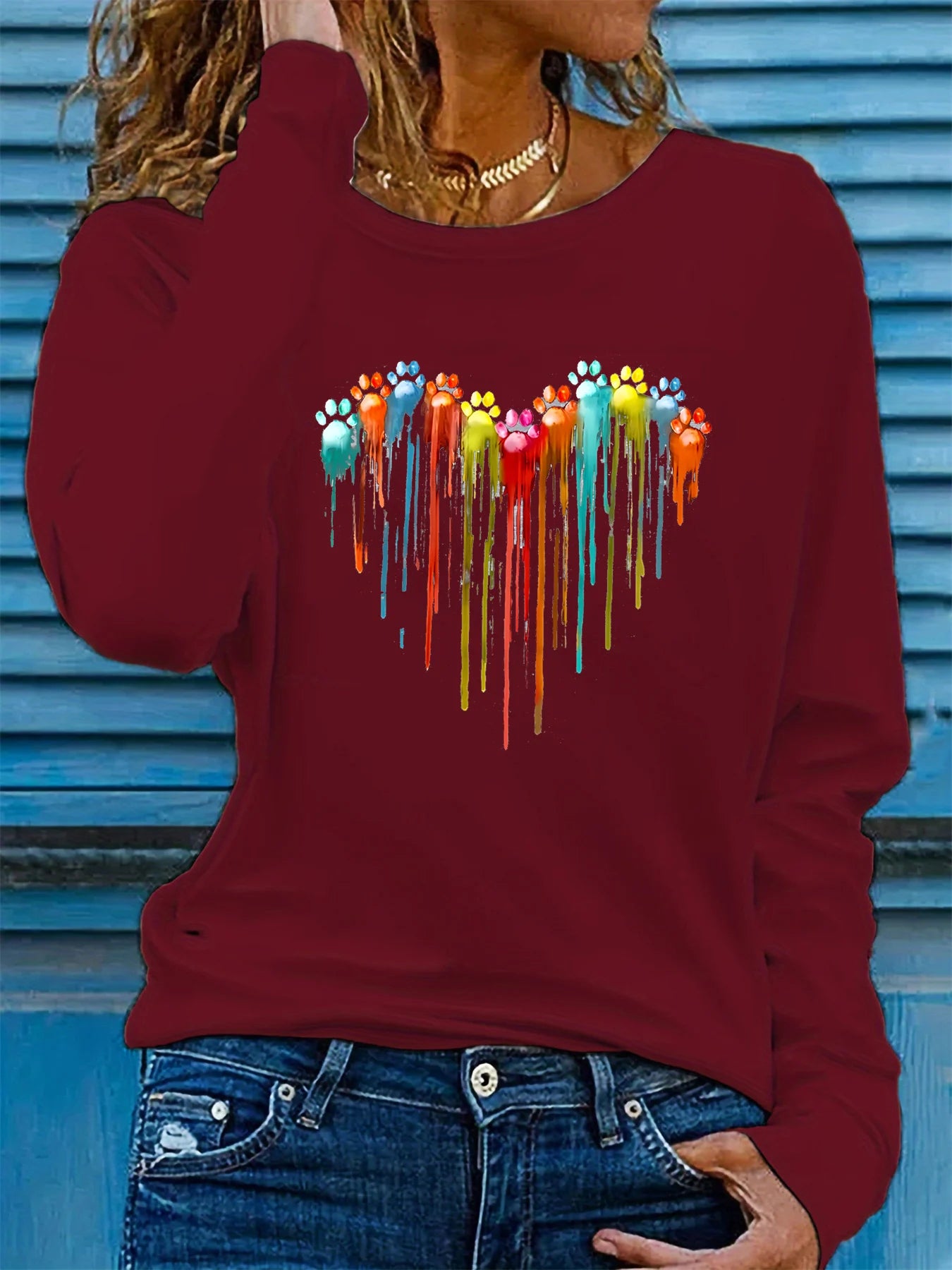 Women’s Autumn Heart Paw 3D Print Long Sleeve T-Shirt – Casual Oversized Fashion Top