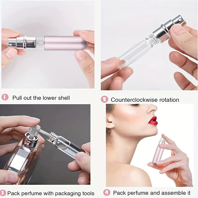 4-Pack Mini 0.16oz Perfume Spray Bottles – Refillable Travel Spray Containers with 3 Dispensers | Portable Perfume Pump Cases