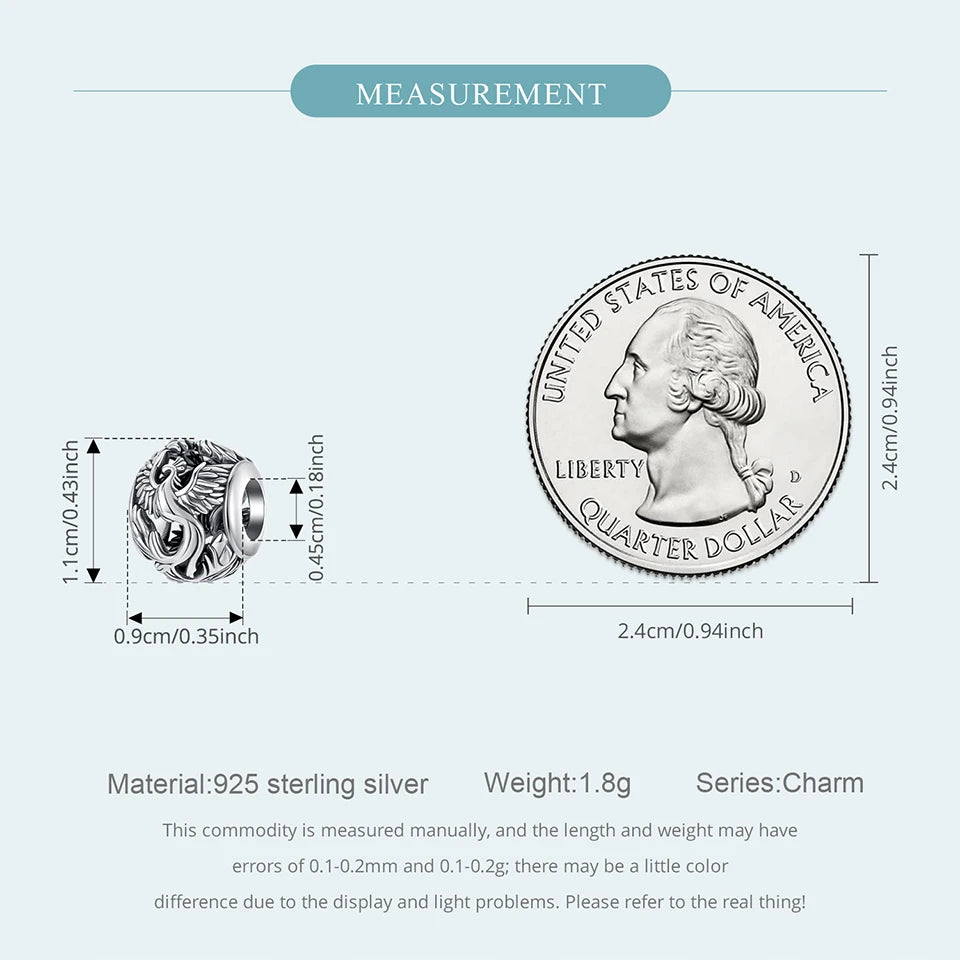 BAMOER 925 Sterling Silver Phoenix & Dragon Charm | Retro Hollow Round Bead | Fits Original Bracelet DIY Jewelry Accessories