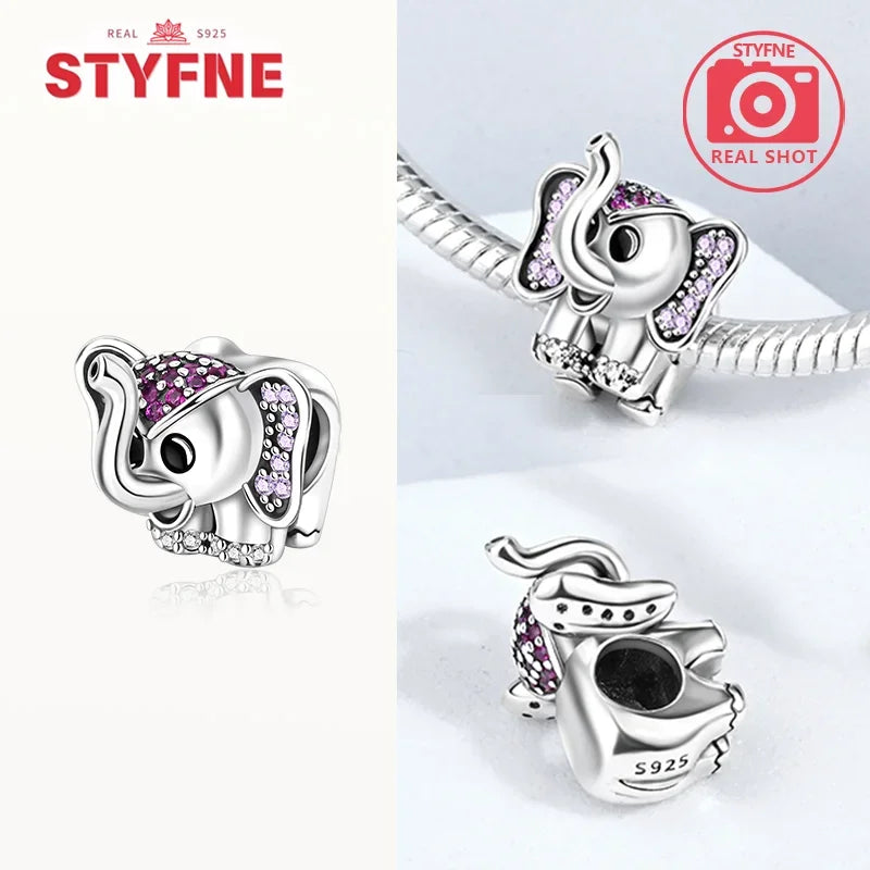 925 Sterling Silver Colorful Zircon Elephant Dangle Charm – Fits Original Pandora Bracelet DIY Fine Jewelry Gift for Women