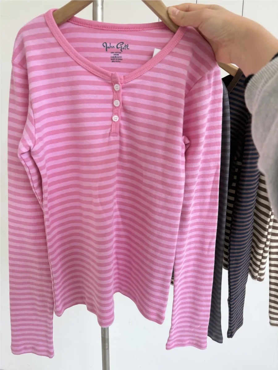 Women’s Pink Striped Slim Long Sleeve Tee | Casual Cotton O-Neck T-Shirt | Sweet Vintage Y2K Top