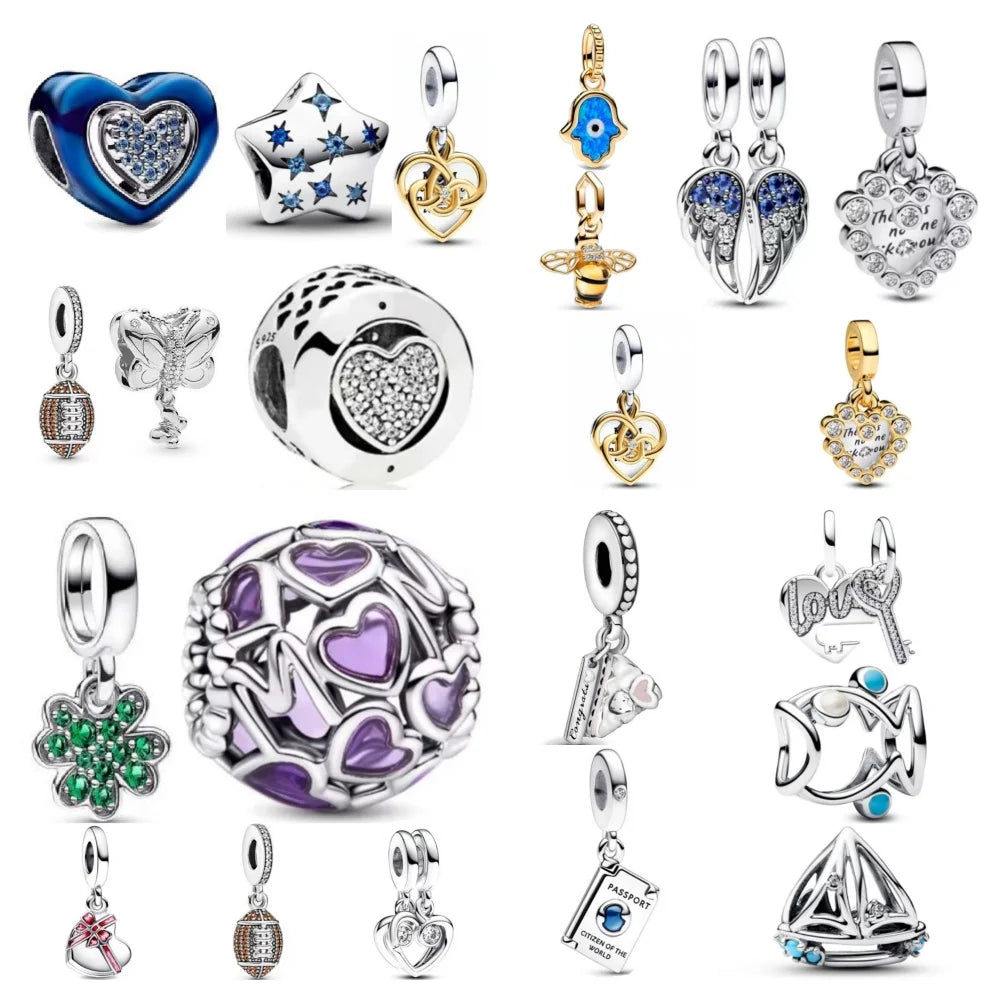 Hot Selling 925 Sterling Silver Blue Heart-Shaped Bead with Feather Pendant | Fit European Original Bracelet DIY Exquisite Jewelry