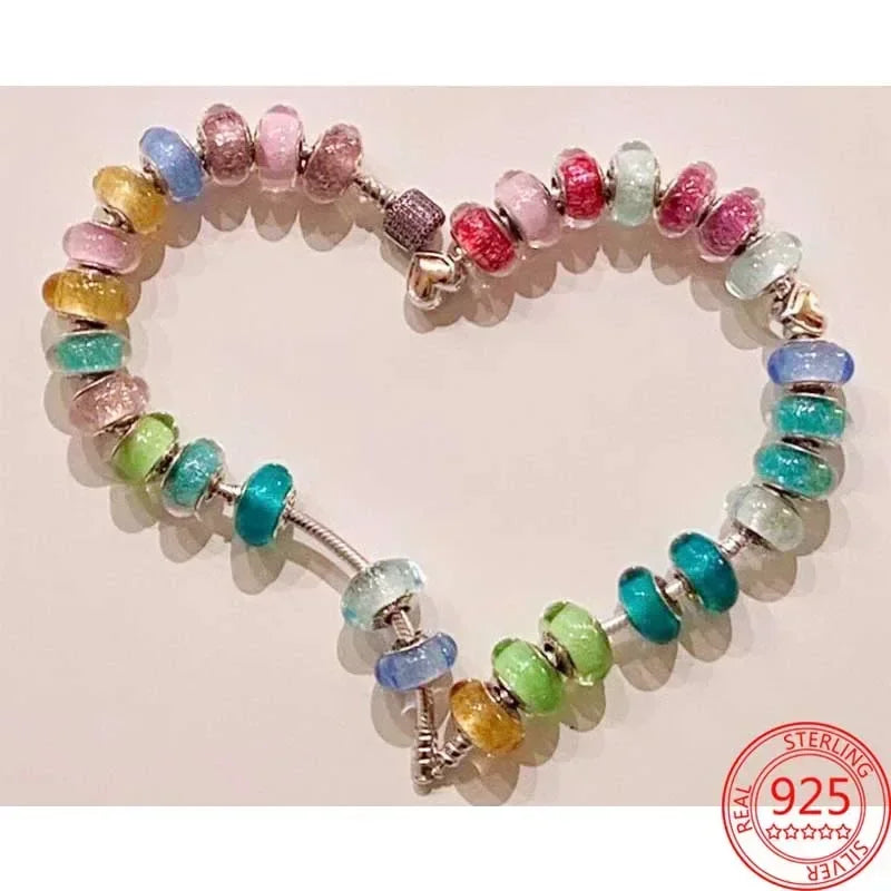 925 Sterling Silver Murano Glass Galaxy & Clover Heart Beads | Fit Pandora Bracelet DIY Jewelry Gift for Mum