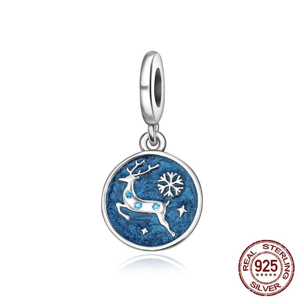 925 Sterling Silver Blue Christmas Reindeer Pendant Charm for Bracelet DIY Jewelry Gift