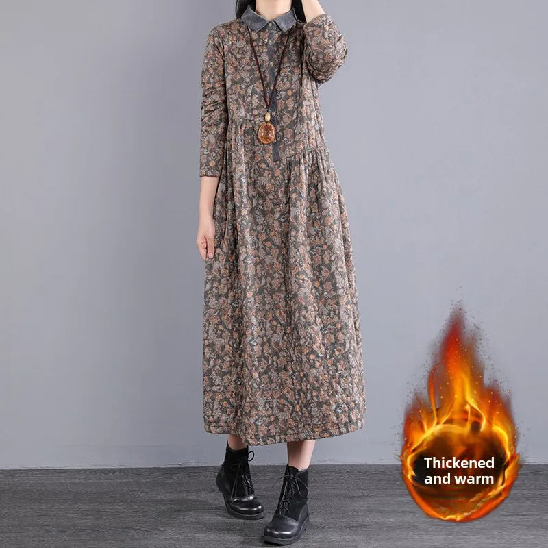 Thickened Floral Print Retro Women’s Dress – Cotton-Lined Warm A-Line Skirt with Long Sleeves & Collar | Winter Casual Dress