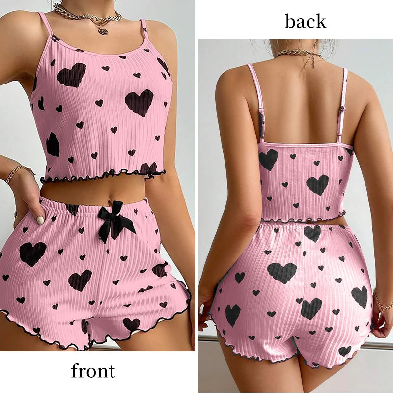 Women’s 2-Piece Pajamas Set – Short Tank Top & Shorts Sleepwear, Soft Casual Ventilated Loungewear with Love Print