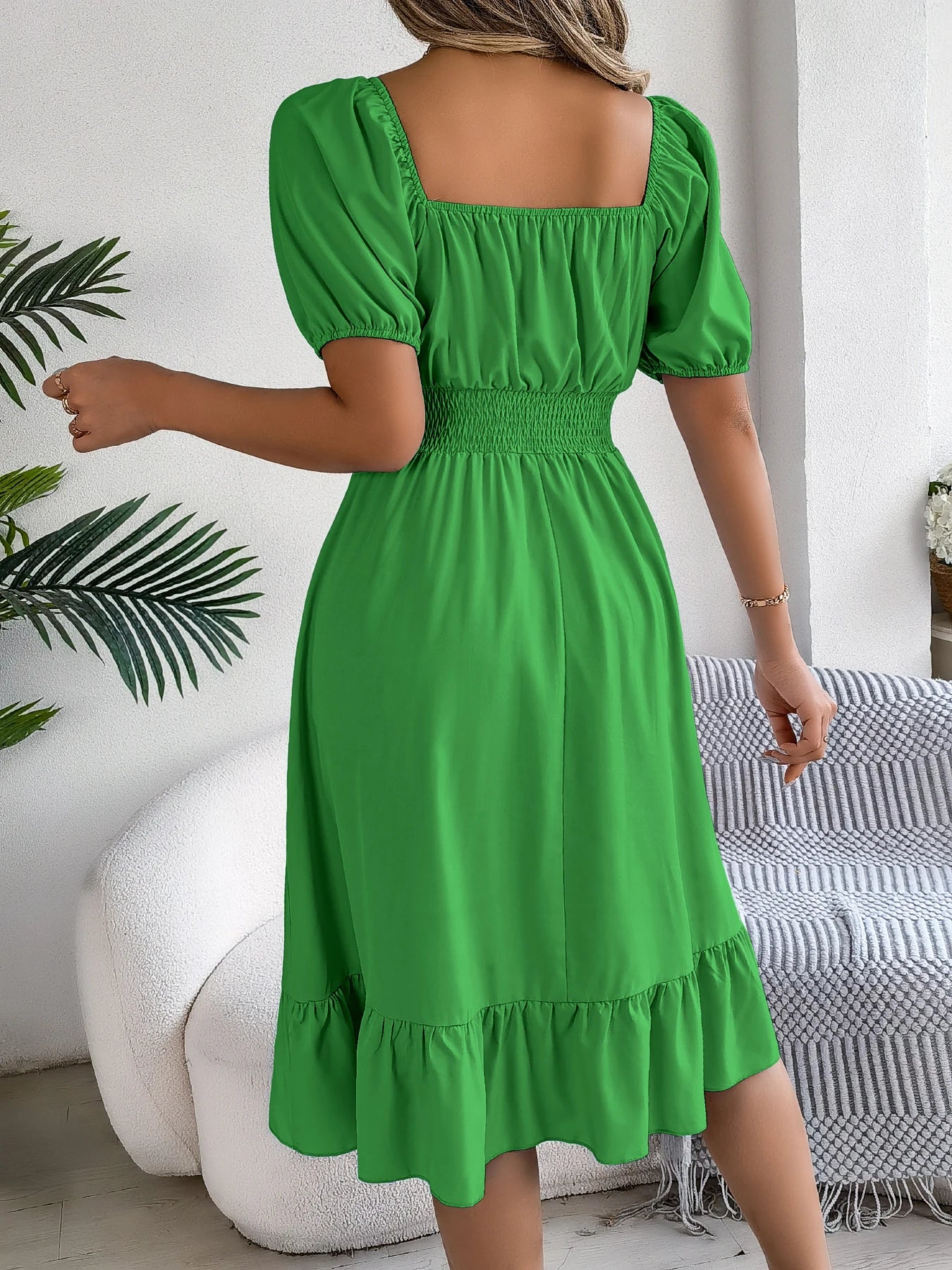 2026 Women’s Elegant High-Waisted Dress – Square Neck, Short Sleeve, Ruffled Edge Long Dress | Spring Summer Valentine’s Day
