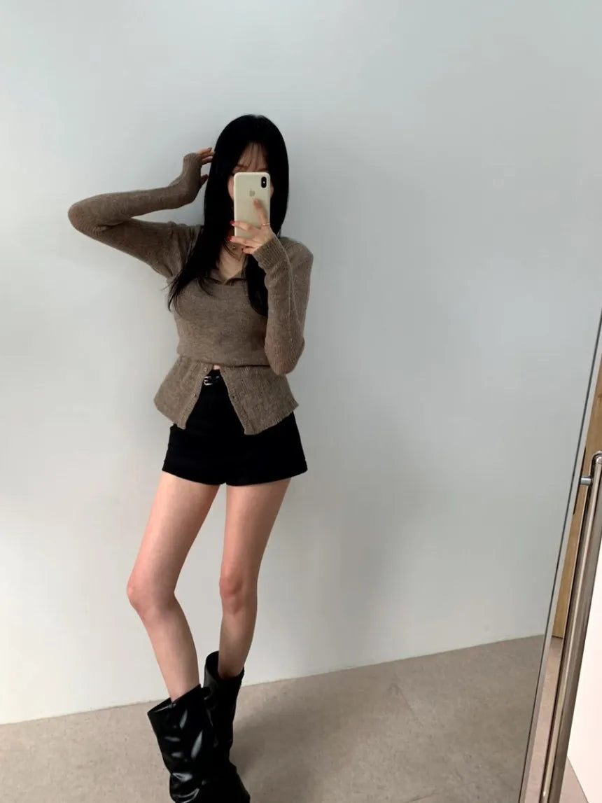 Simple round Ne Button up Knit Sweater Strap Set Casual Sle Polyester Fiber Open Cardigan for Women Autumn Winter ential