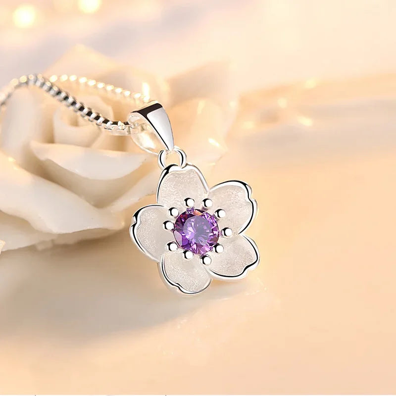 925 Sterling Silver Pink Purple Peach Blossom Necklace | Retro Luxury Jewelry for Women