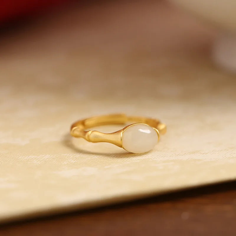 PANJBJ 925 Sterling Silver Hotan Jade Geometric Adjustable Ring | Retro Delicate Jewelry Gift for Women