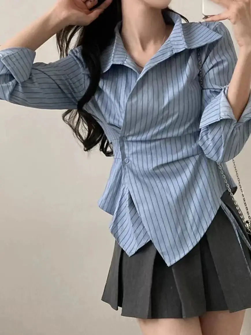 ✨ Slimming Effect White Asymmetrical Long Sleeve Top 👚 Waist-Cinching French Style Loose Fit 🌸 Women’s Premium Spring & Autumn Fashion