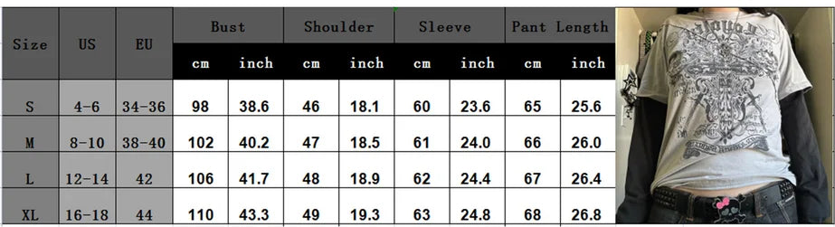 Y2K Grunge Emo Vintage T-Shirt | Gothic Patchwork Long Sleeve E-Girl Cyber Goth Streetwear Top