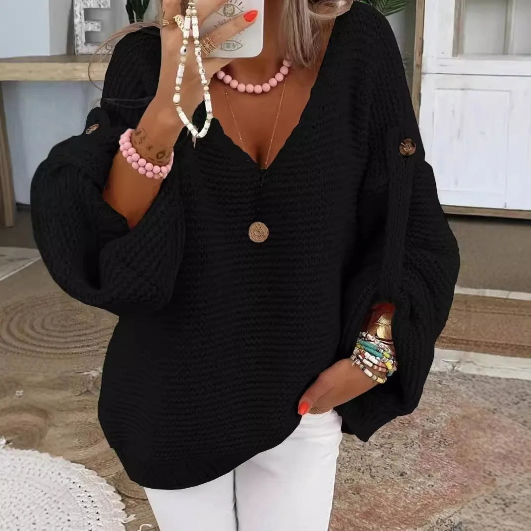 Casual Knitted V-Neck Sweater for Women | Fall Winter Elegant Button Pullover Jumper