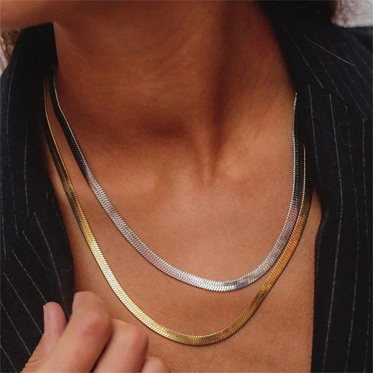 Gold Snake Blade Chain Necklace for Women – 3/4/5mm Stainless Steel Minimalist Punk Choker
