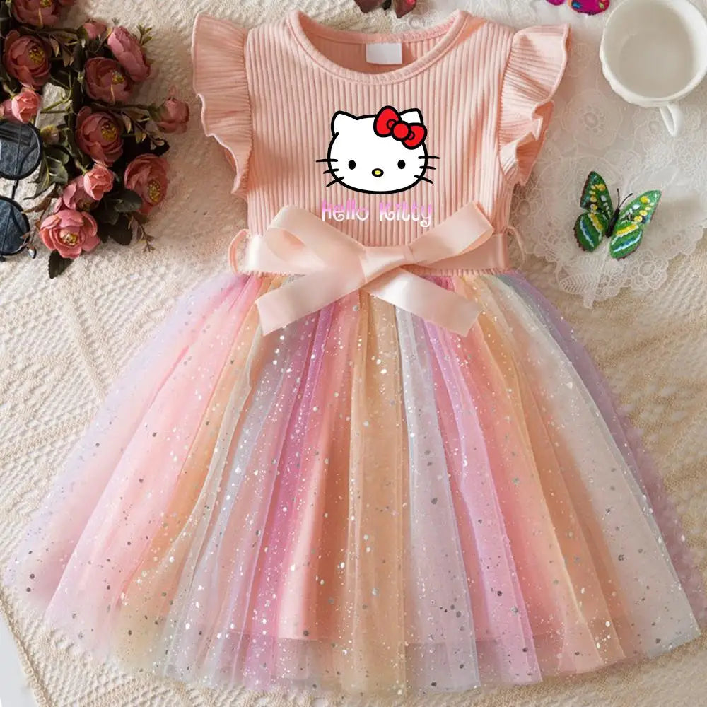Hello Kitty Flying Sleeves Bow Sequin Princess Dress for Girls | Birthday Party Tutu Dress | Fluffy Baby Girl Dress 1–5 Years