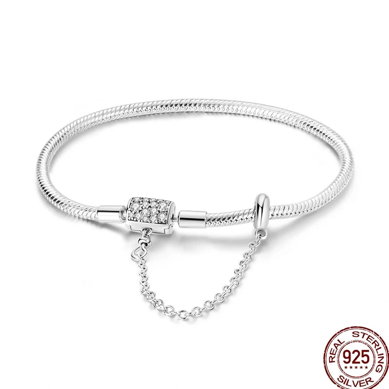 925 Sterling Silver Heart Moon Sun Clasp Charm Bracelet | 17–20CM Original Bracelet for Women | Fits Pandora DIY Beads Jewelry