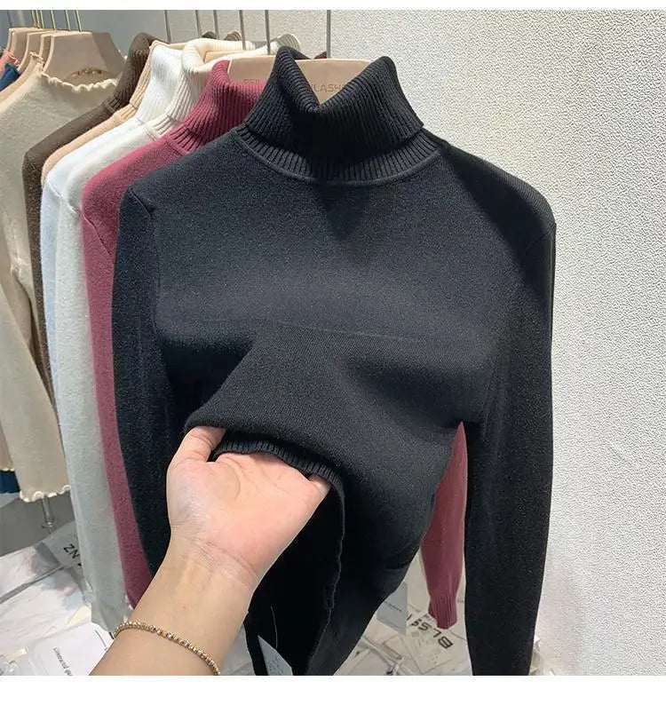 2025 Women’s High Collar Pullover Sweater – Thick Warm Soft Winter Top | Solid Color Bottoming Shirt