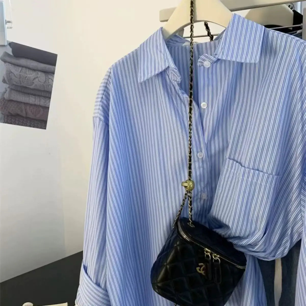 Retro Lazy Style Blue Striped Women’s Long Sleeve Shirt | Spring Autumn Design Sense Outerwear Blouse