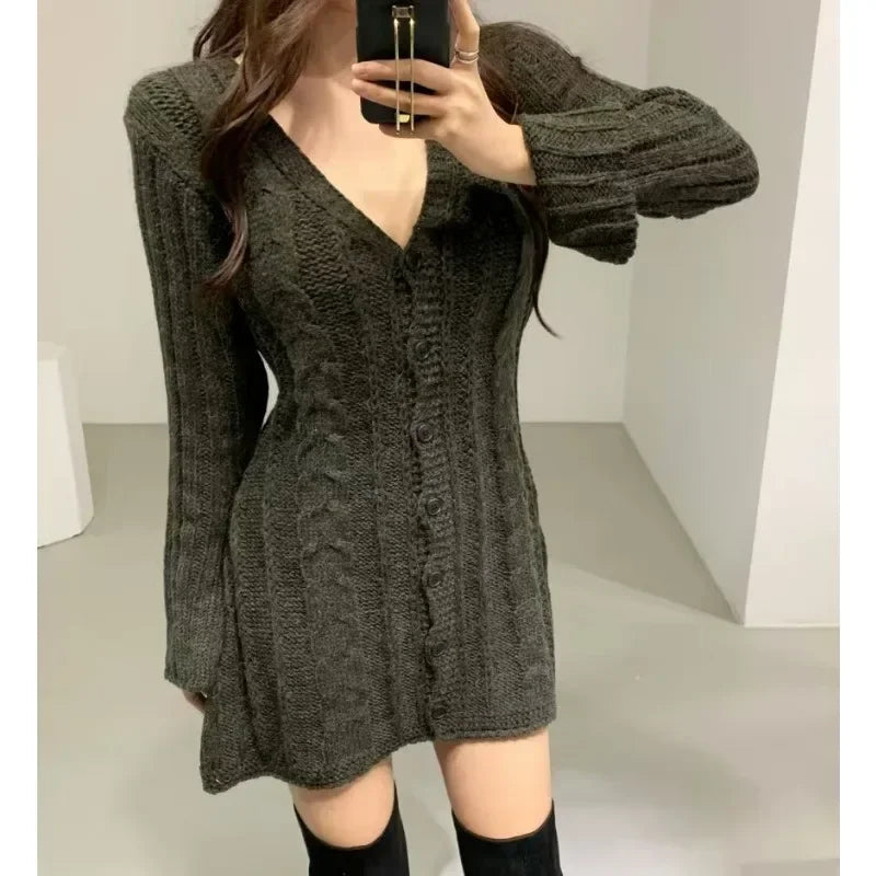 Autumn Casual Knitted Mini Dress – Elegant Slim Fit Long Sleeve Party Sweater Dress for Women | Korean Fashion V-Neck