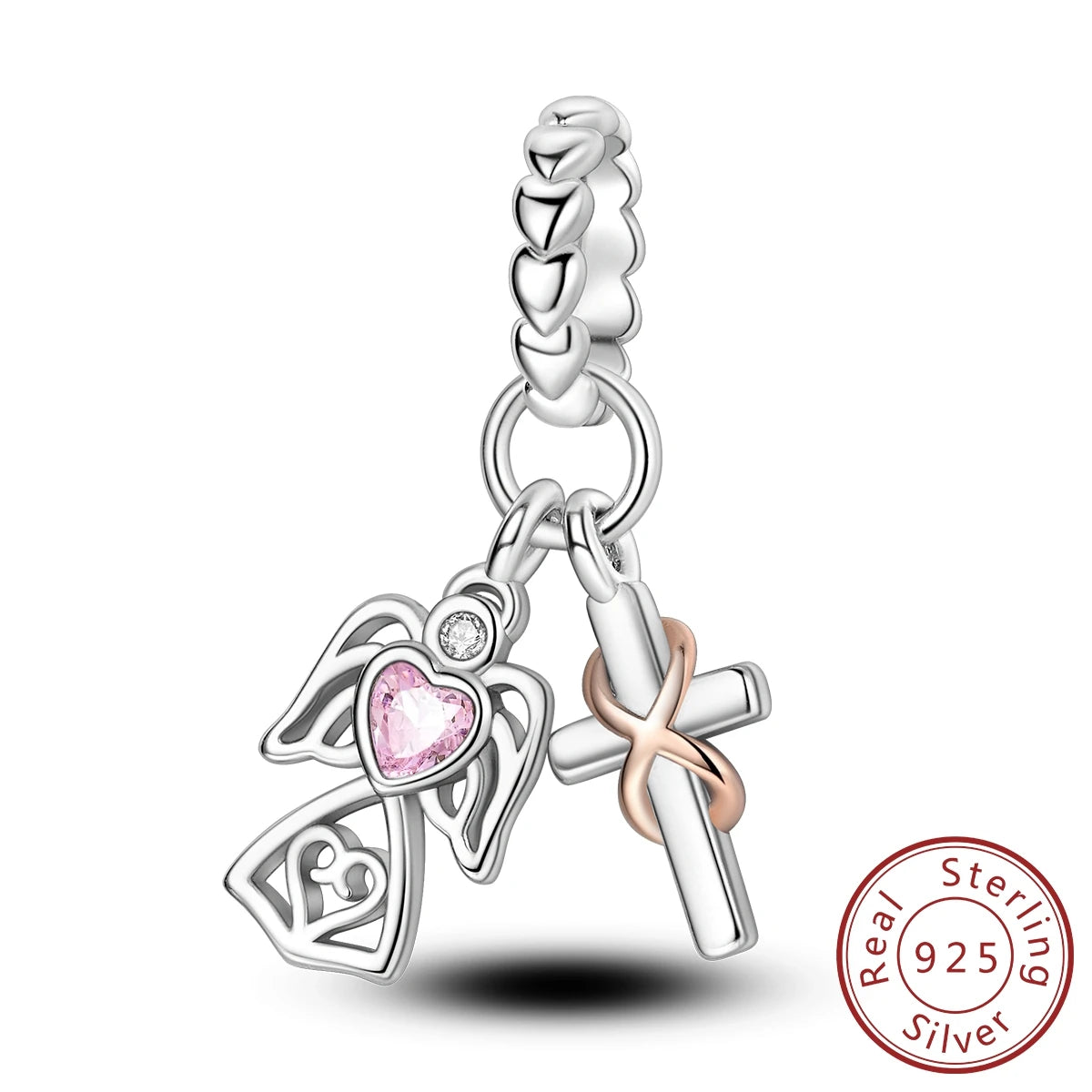 925 Sterling Silver Pink Zircon Heart Cross Charm | Fits Pandora Original Bracelet | Women’s Pendant DIY Jewelry Gift