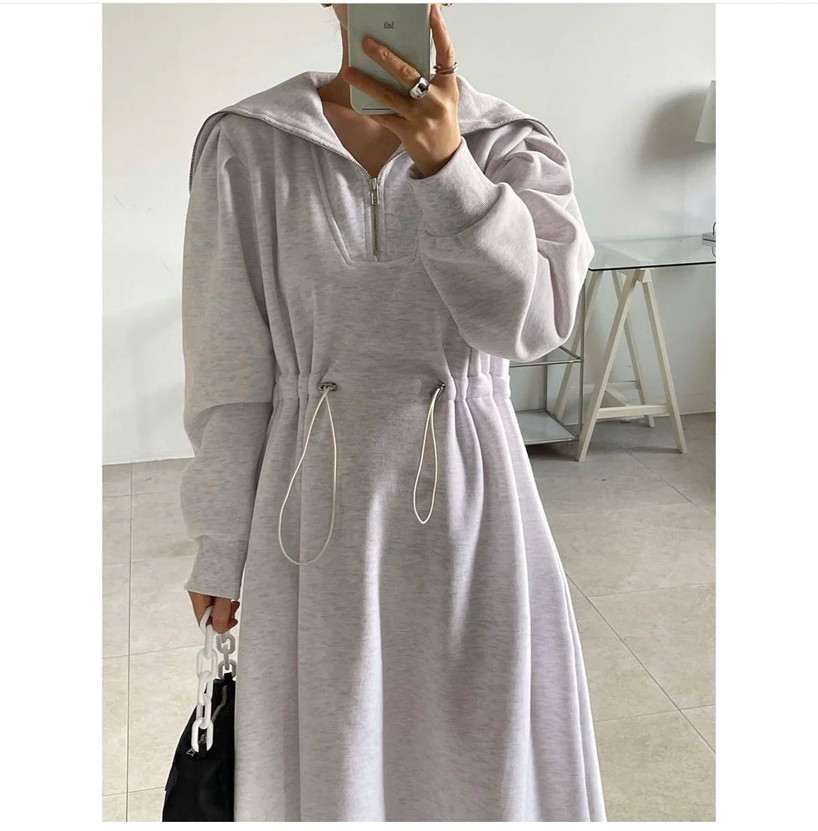 Chic Autumn Long Sve Dstring Waist Slim A-Line Dr Hoodie Women's Faionable Youthful f Open Collar Dr