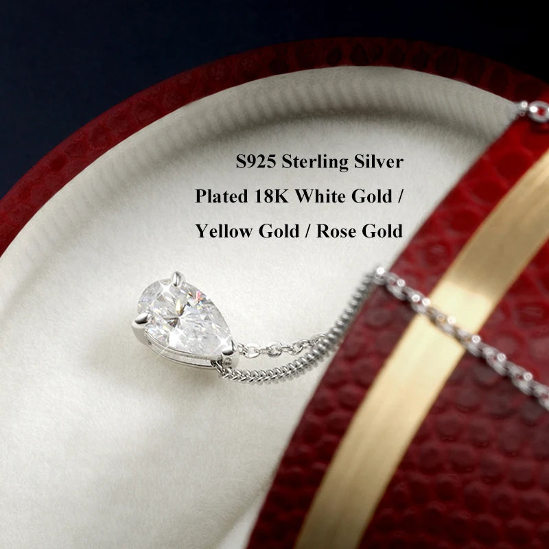 EWYA Solitaire Pear Cut Moissanite Diamond Pendant Necklace 1-5CT D Color 925 Silver 18K Rose Gold Chain for Women
