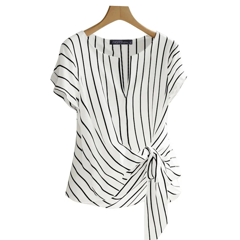 Fashion Stripe Blouse 2025 ZANZEA Women’s V-Neck Short Sleeve Summer Top – Elegant OL Work Shirt 👚✨