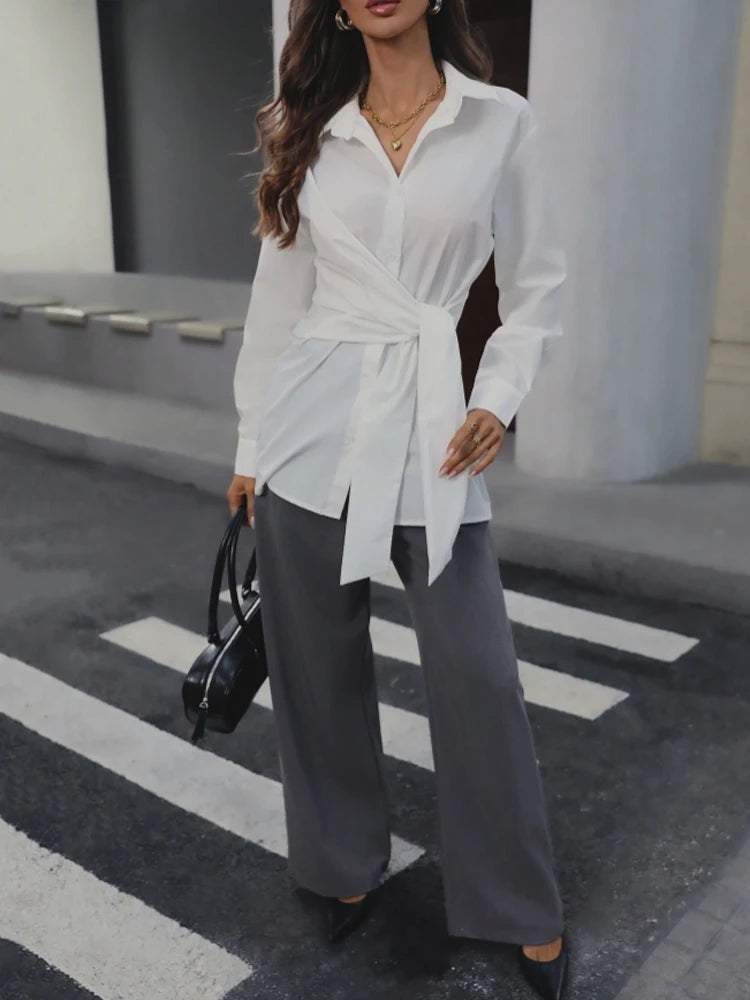 Women’s Classic Collar Button-Up Long Sleeve Shirt with Waist Belt – Elegant Retro Adjustable Fit 👚✨