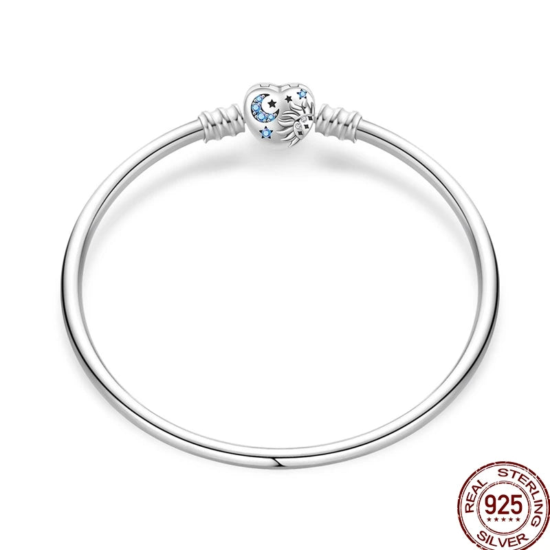 925 Sterling Silver Heart Moon Sun Clasp Charm Bracelet | 17–20CM Original Bracelet for Women | Fits Pandora DIY Beads Jewelry